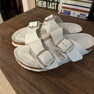 Birkenstock White Sandals with Silver Buckles